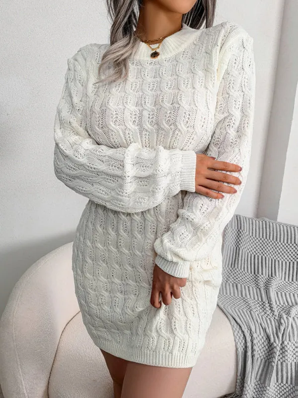 Cable Knit Mini Dress with Fitted Waist and Long Sleeves