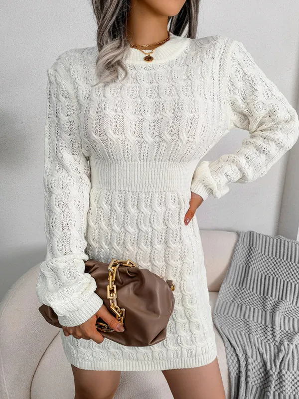 Cable Knit Mini Dress with Fitted Waist and Long Sleeves