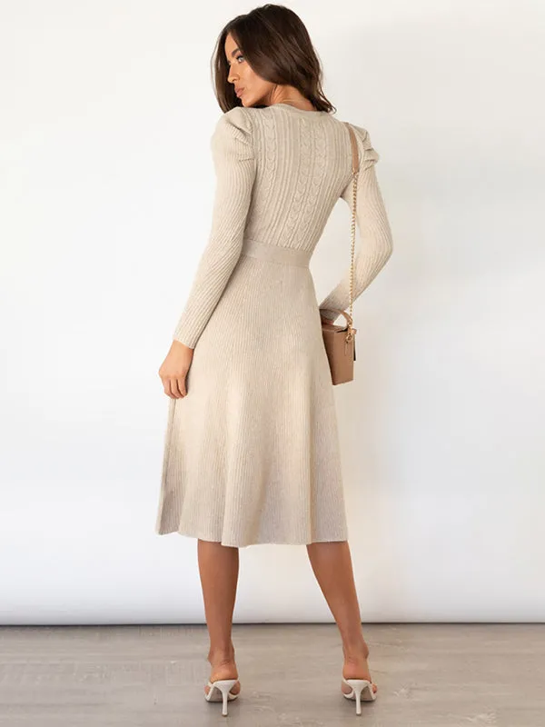 Cable Knit Sweater Dress with Waist Tie and Long Sleeves