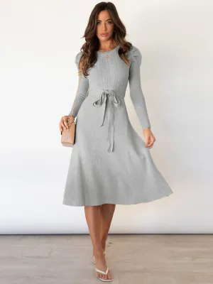 Cable Knit Sweater Dress with Waist Tie and Long Sleeves