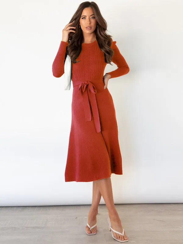 Cable Knit Sweater Dress with Waist Tie and Long Sleeves