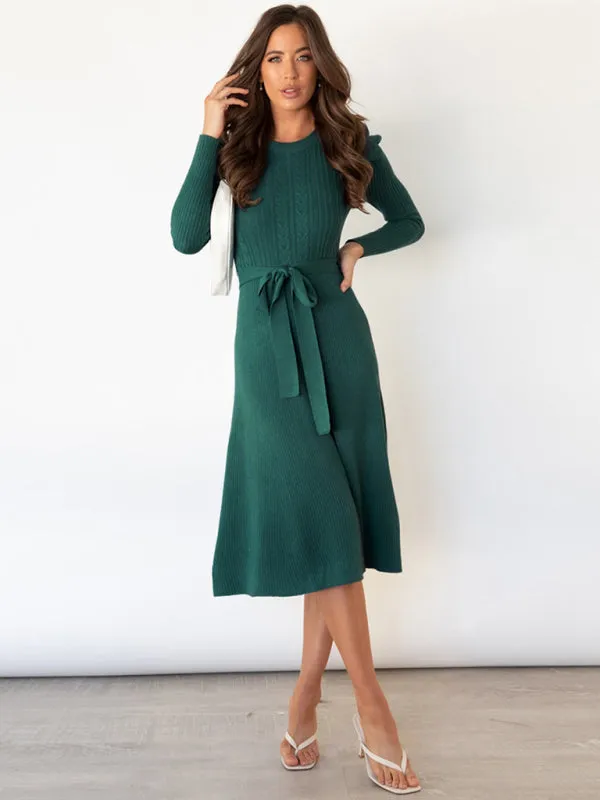 Cable Knit Sweater Dress with Waist Tie and Long Sleeves