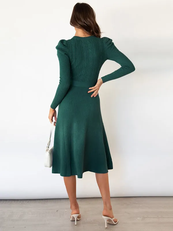 Cable Knit Sweater Dress with Waist Tie and Long Sleeves