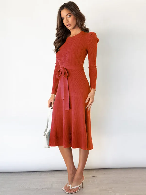 Cable Knit Sweater Dress with Waist Tie and Long Sleeves