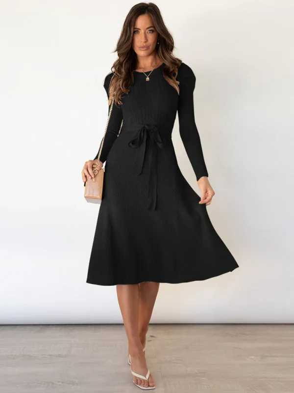 Cable Knit Sweater Dress with Waist Tie and Long Sleeves