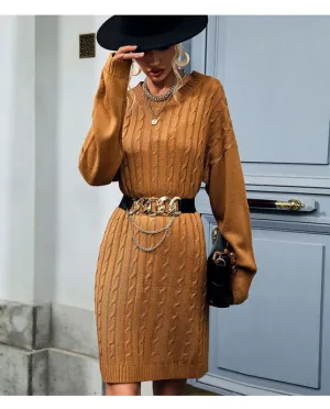 Cable Knit Sweater Mini Dress with Textured Pattern
