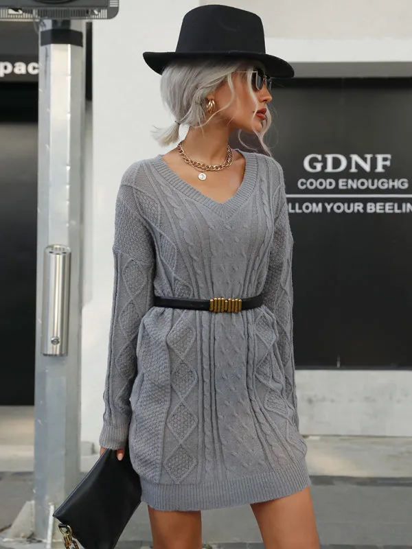 Cable Knit V-Neck Sweater Mini Dress with Long Sleeves