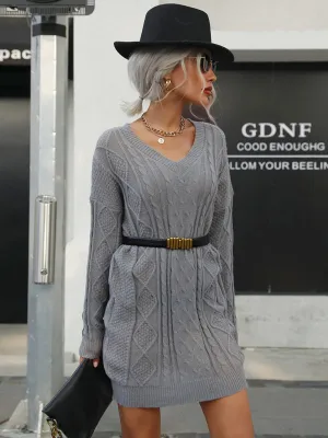 Cable Knit V-Neck Sweater Mini Dress with Long Sleeves