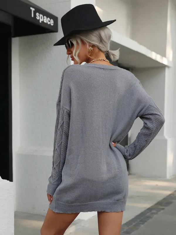 Cable Knit V-Neck Sweater Mini Dress with Long Sleeves