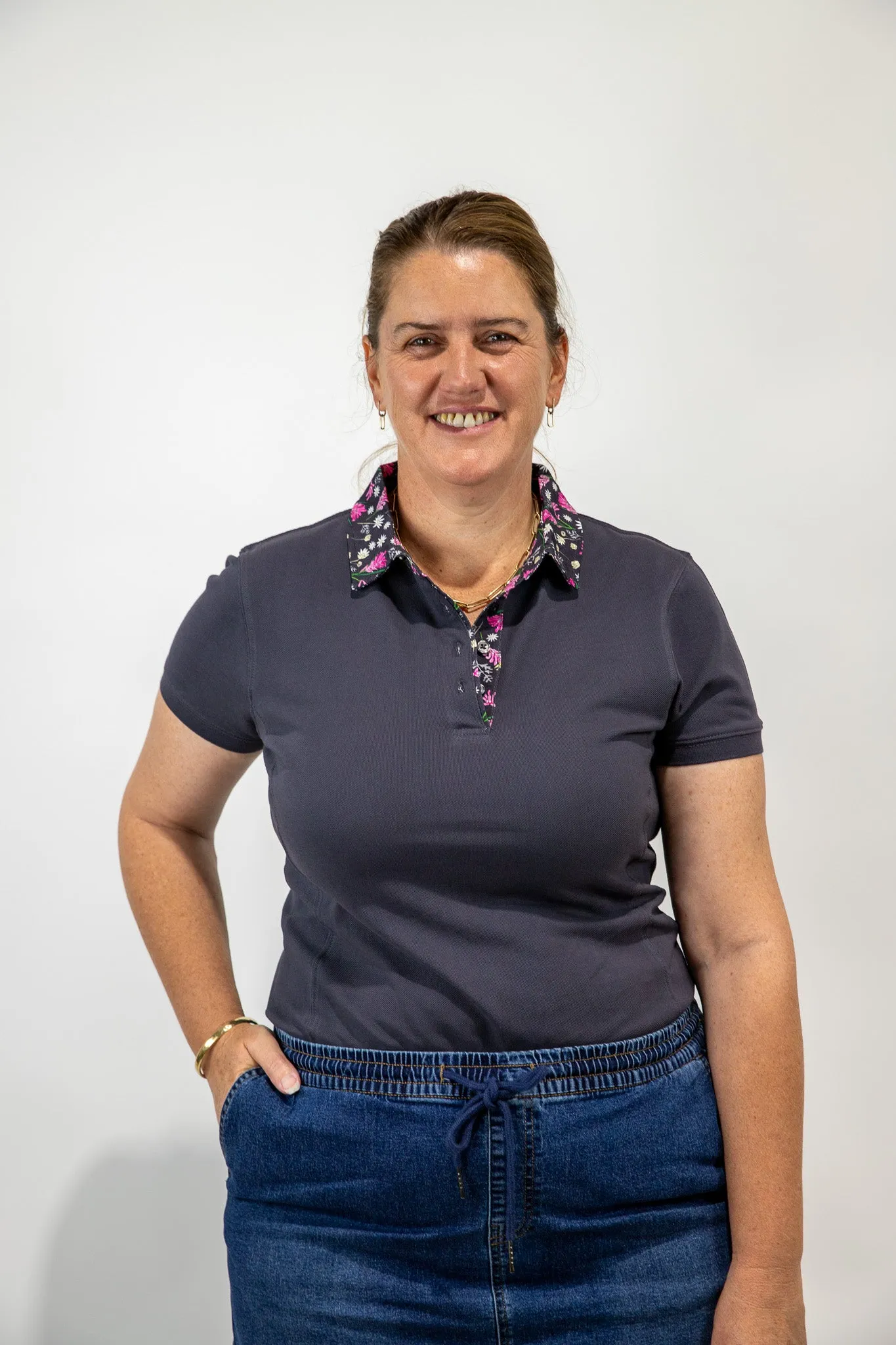 Caroline - Charcoal with floral trim Polo Shirt