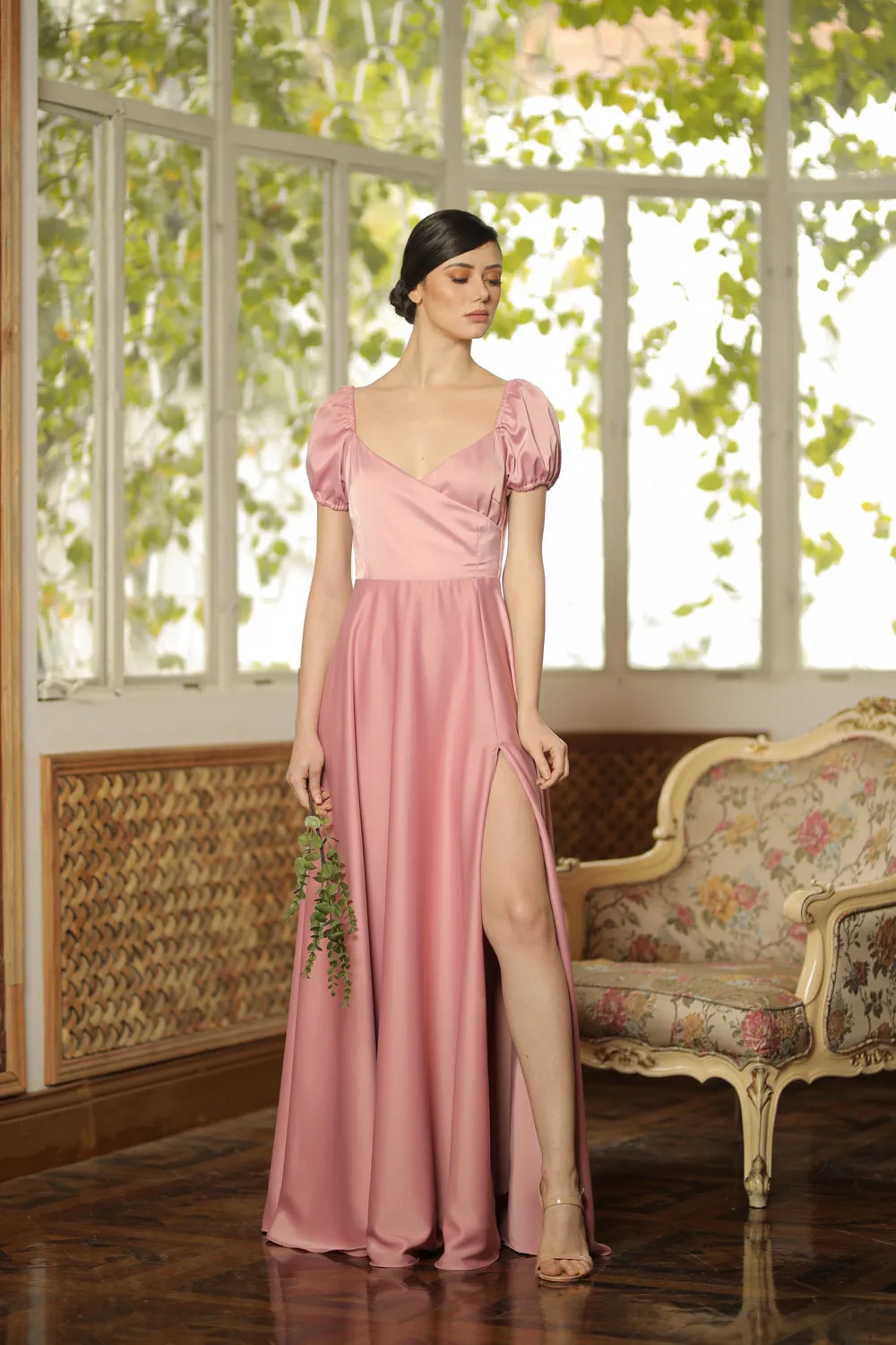 CASSANDRA Puff Sleeve Silk Maxi Dress with High Slit (Old Rose Silk)