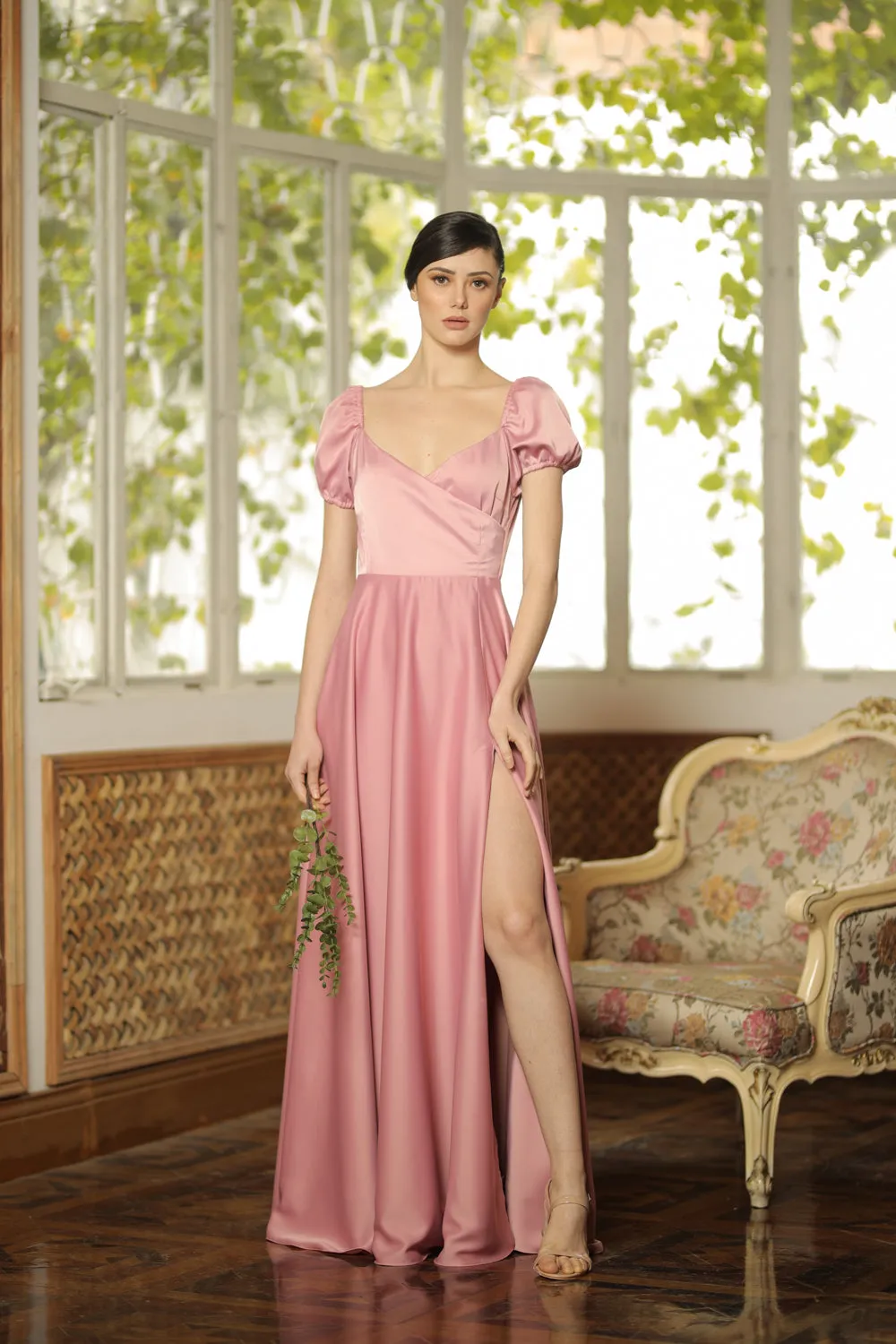 CASSANDRA Puff Sleeve Silk Maxi Dress with High Slit (Old Rose Silk)