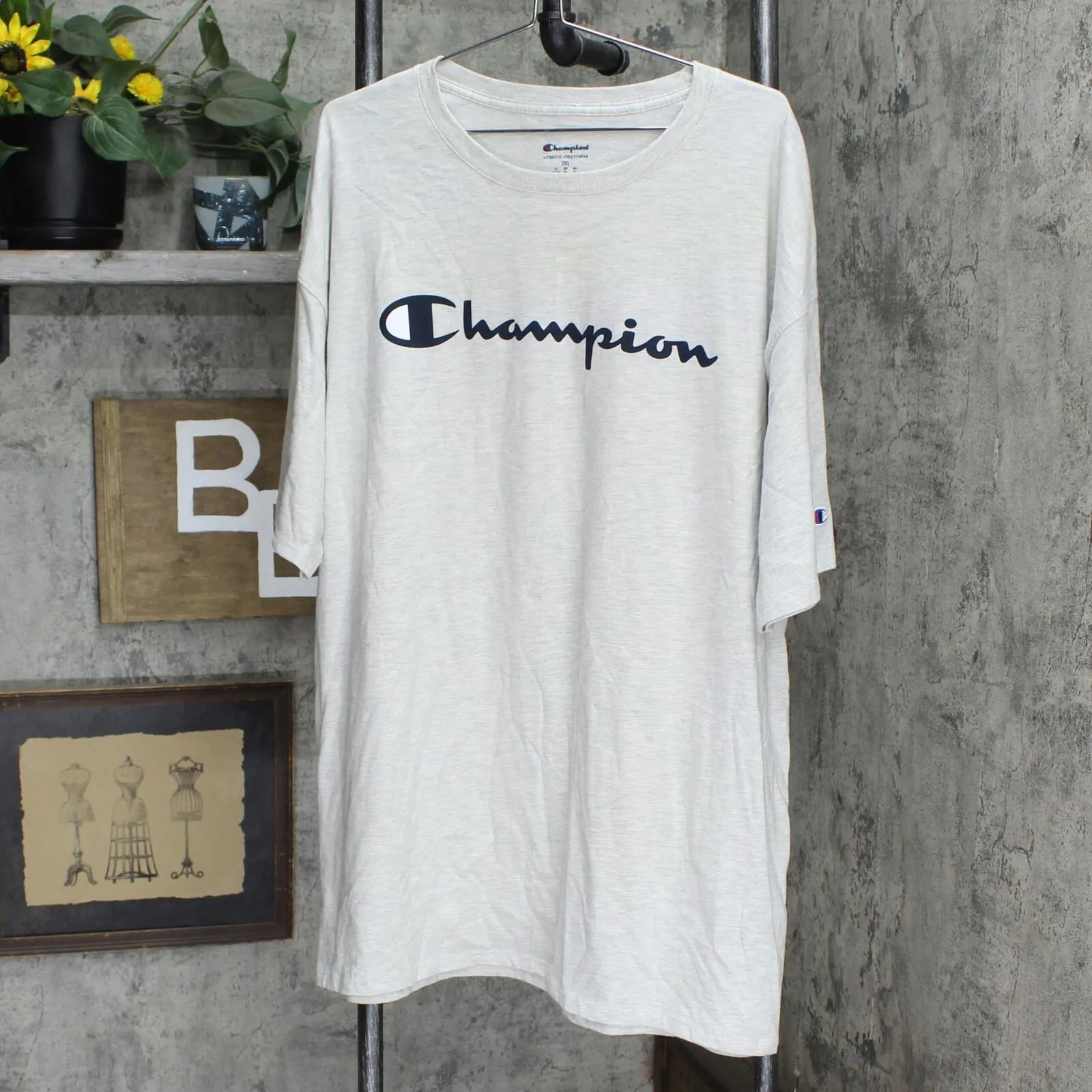 Champion Men's Script Graphic Logo T-Shirt Tee Oatmeal Heather Cream 2XL
