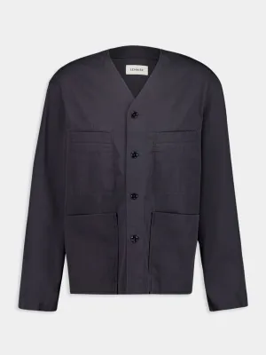 Charcoal Collarless Cotton Twill Overshirt