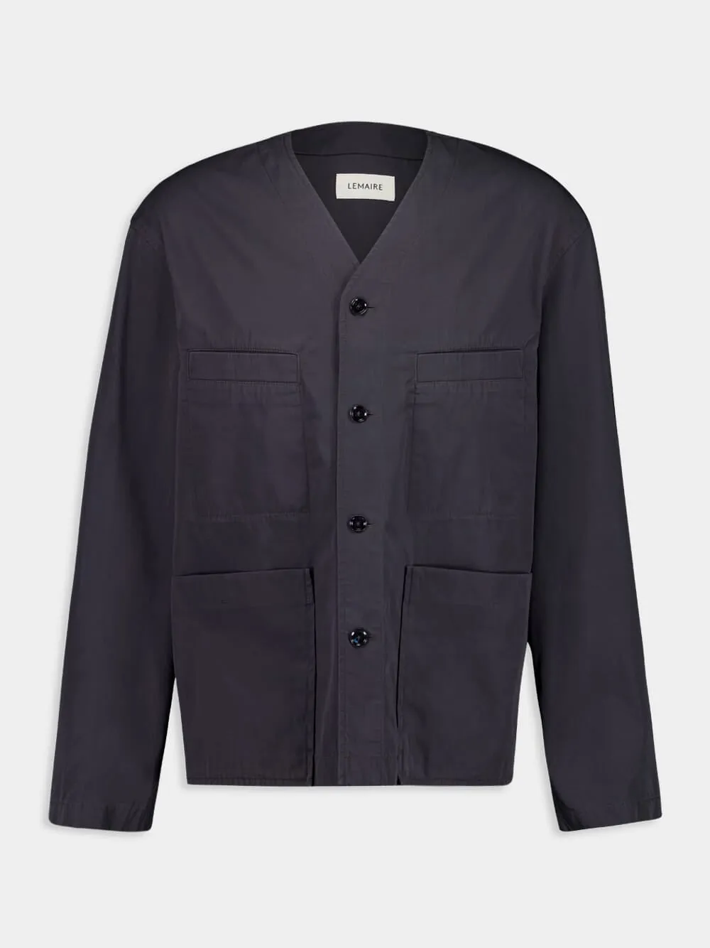 Charcoal Collarless Cotton Twill Overshirt