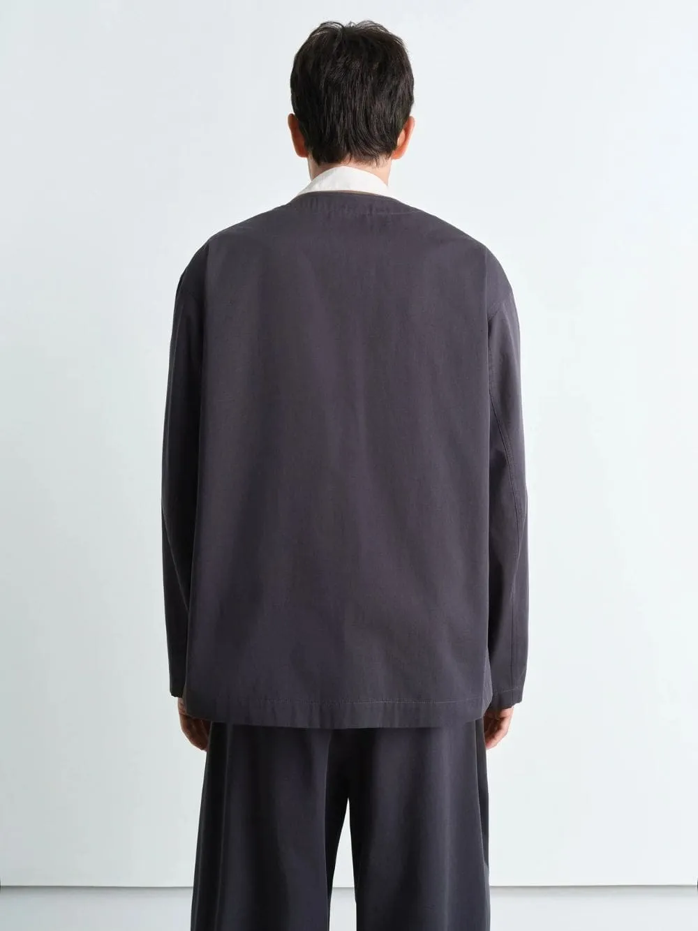 Charcoal Collarless Cotton Twill Overshirt