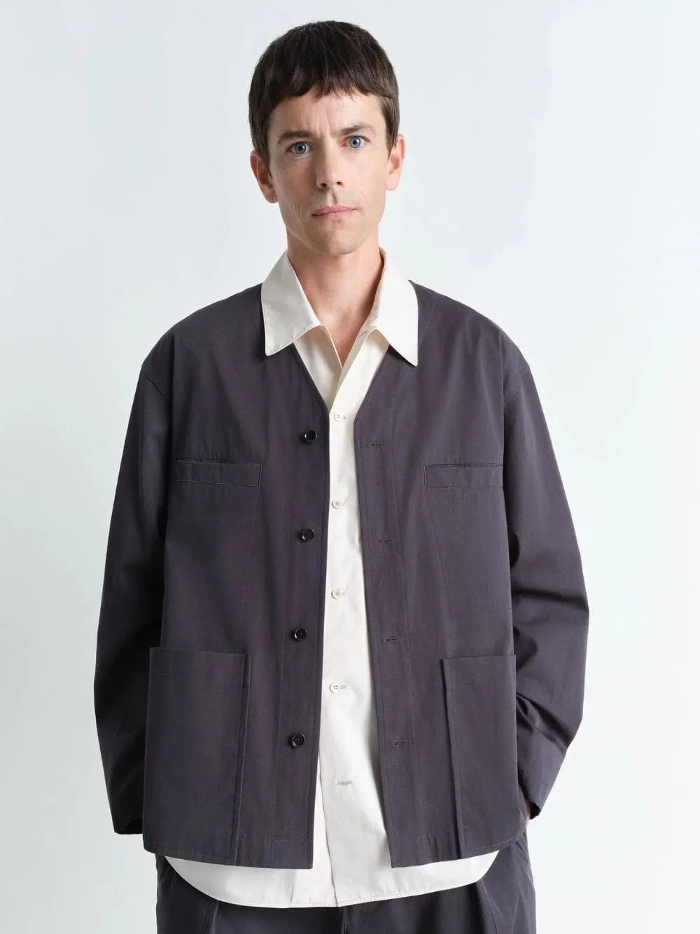 Charcoal Collarless Cotton Twill Overshirt