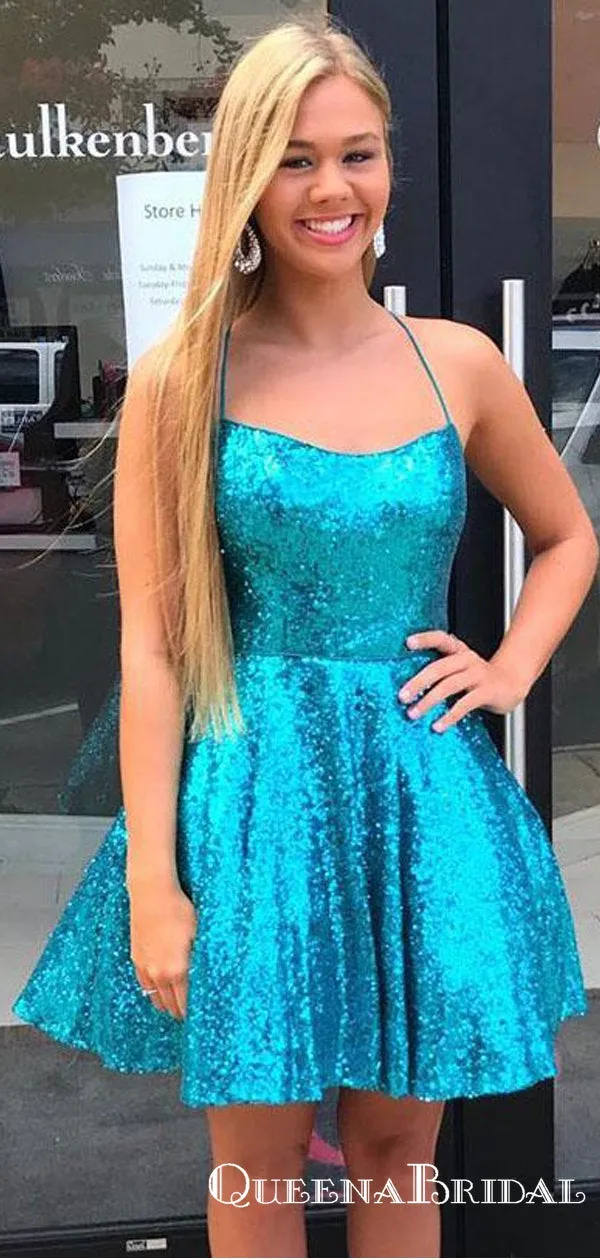 Charming Criss Cross A-Line Short Blue Sequins Homecoming Dresses, QB0883