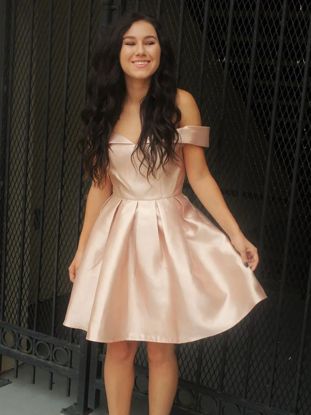 Cheap Simple Off Shoulder Cute Blush Pink Homecoming Dresses, CM487