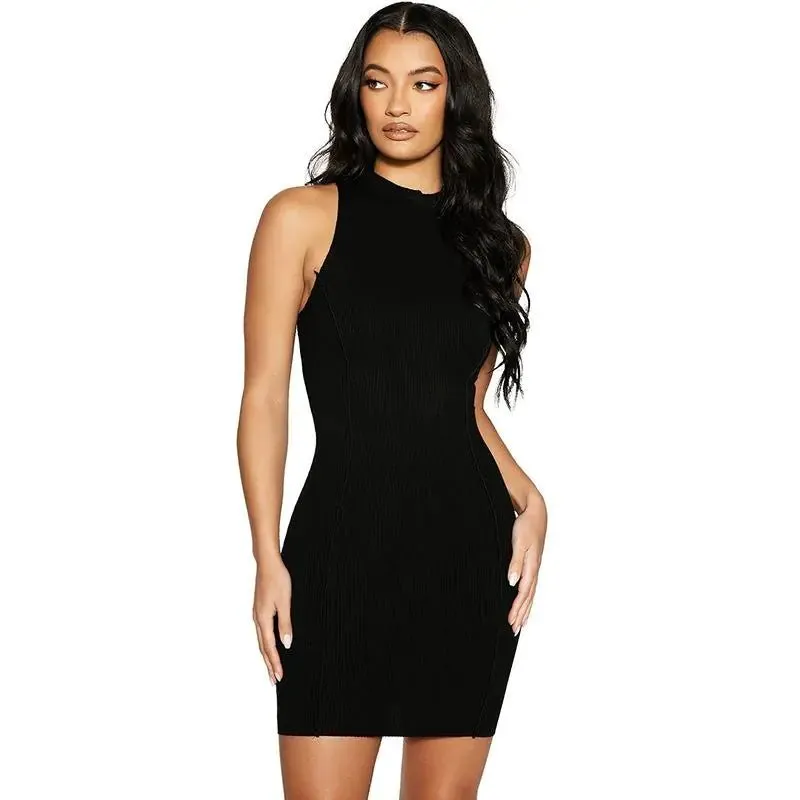Chic Ribbed Halter Mini Dress for Women