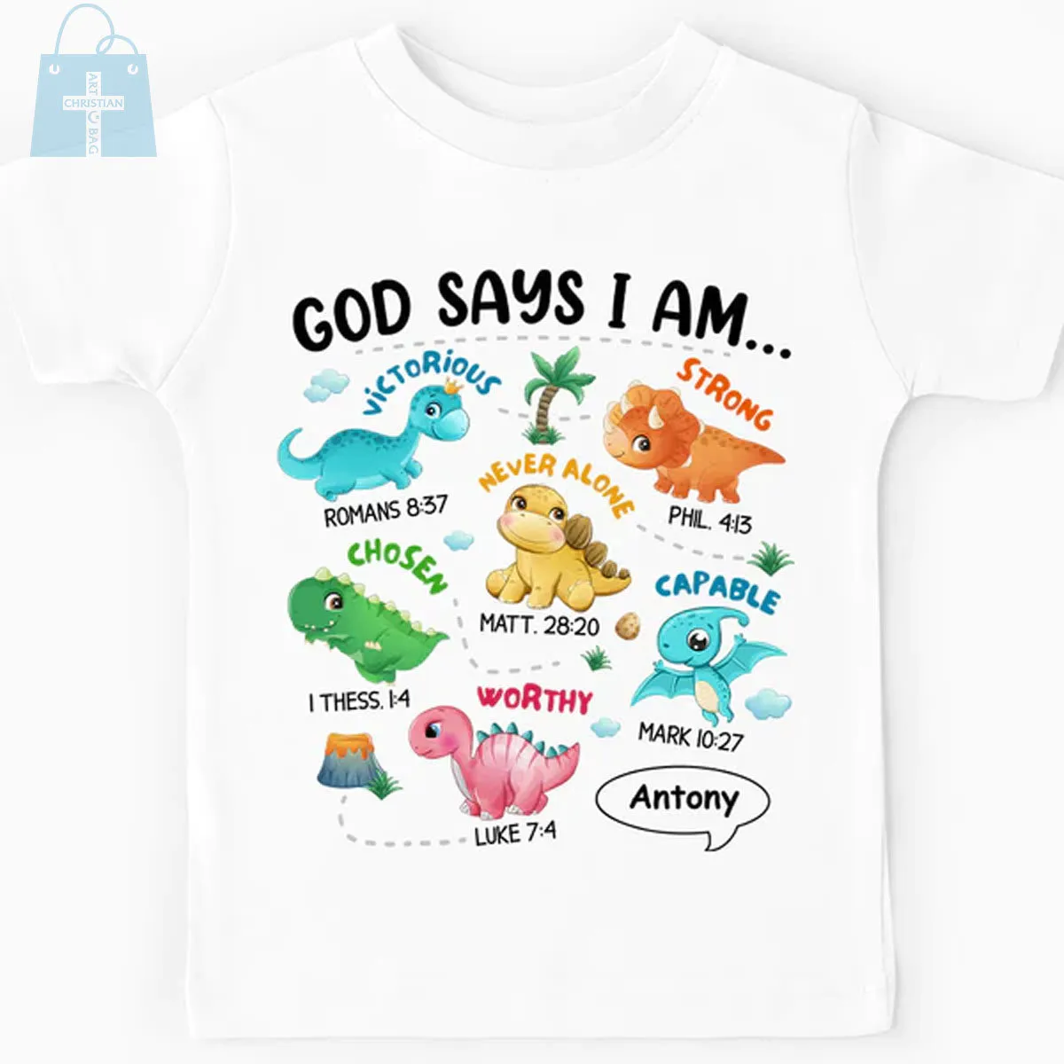 Christianartbag T-shirt, Dinosaur God Say I Am Kid T-Shirt, Children's Printed T-Shirts, CABTK01090923.