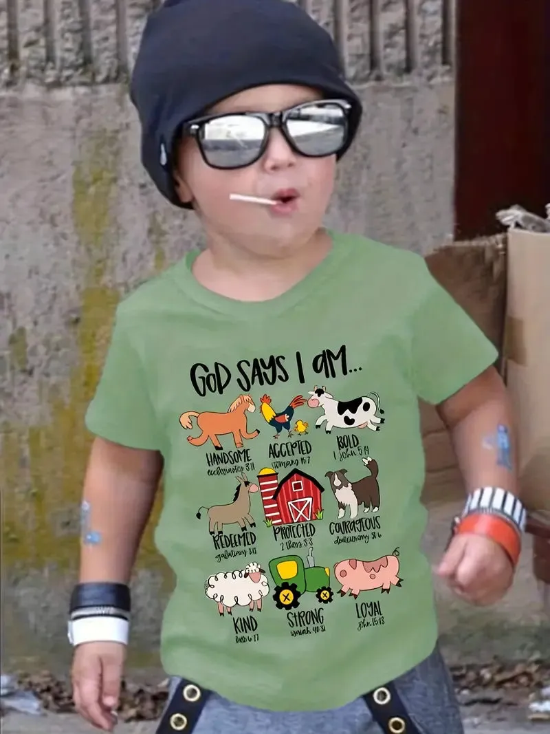 Christianartbag T-shirt, God Says I Am Cute Animals And Letter Print T-Shirt, Children's Printed T-Shirts, CABTK02190923.