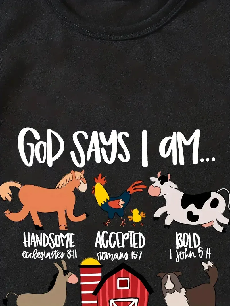 Christianartbag T-shirt, God Says I Am Cute Animals And Letter Print T-Shirt, Children's Printed T-Shirts, CABTK02190923.