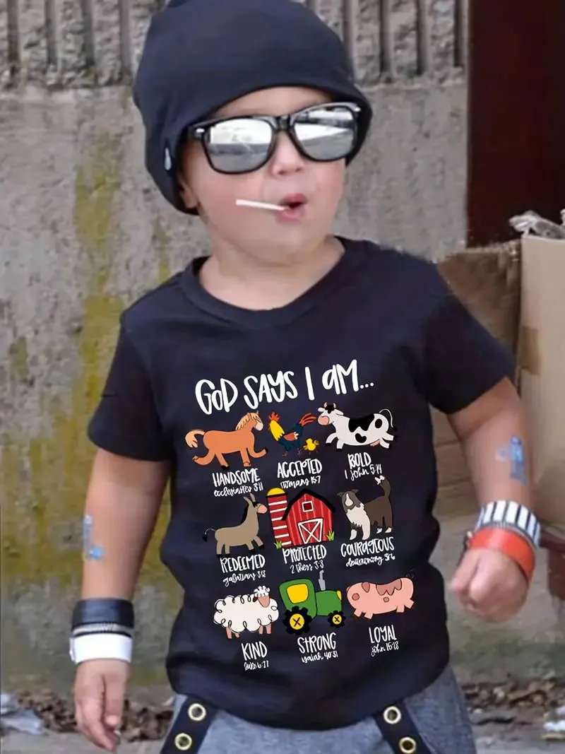 Christianartbag T-shirt, God Says I Am Cute Animals And Letter Print T-Shirt, Children's Printed T-Shirts, CABTK02190923.