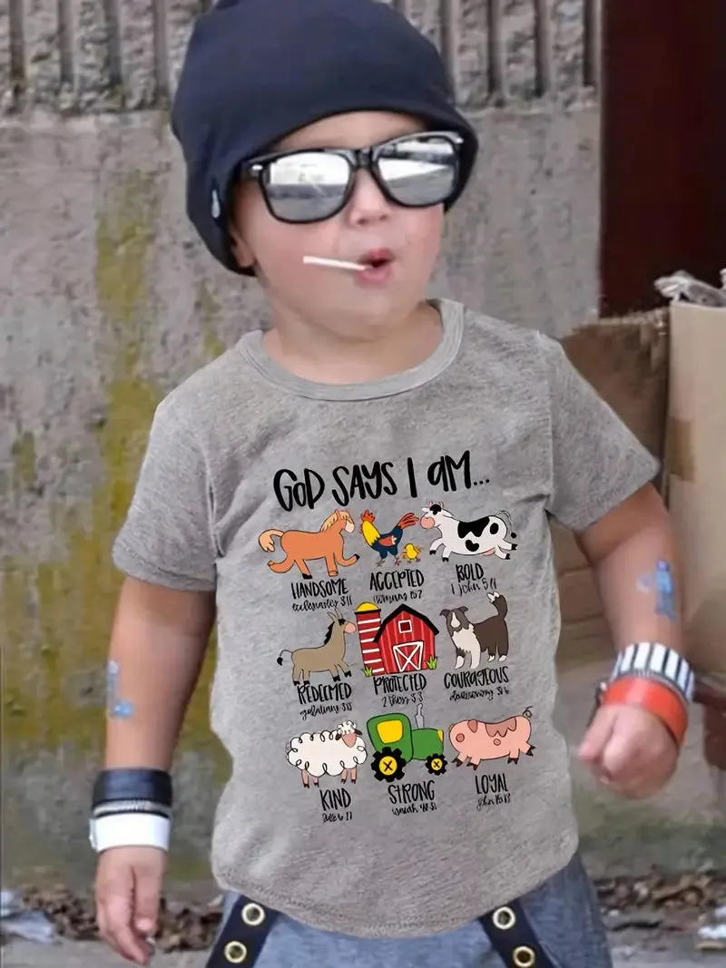 Christianartbag T-shirt, God Says I Am Cute Animals And Letter Print T-Shirt, Children's Printed T-Shirts, CABTK02190923.