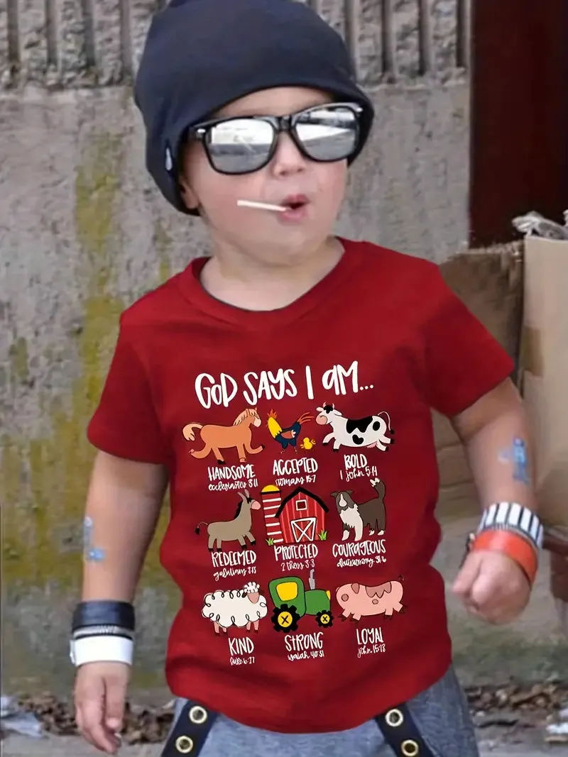 Christianartbag T-shirt, God Says I Am Cute Animals And Letter Print T-Shirt, Children's Printed T-Shirts, CABTK02190923.