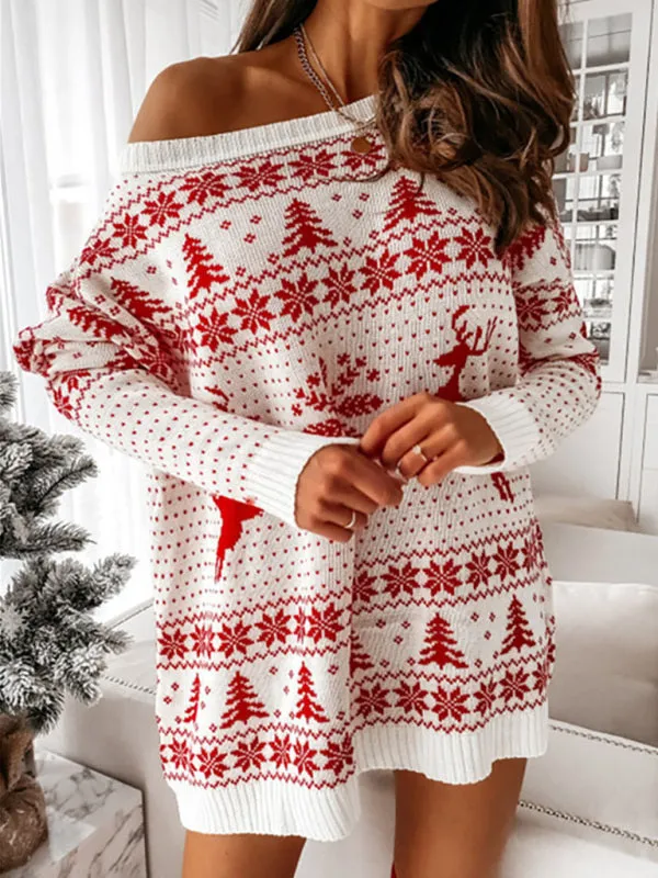 Christmas Jacquard Knit Dress with Off-Shoulder Design