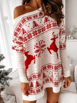 Christmas Jacquard Knit Dress with Off-Shoulder Design