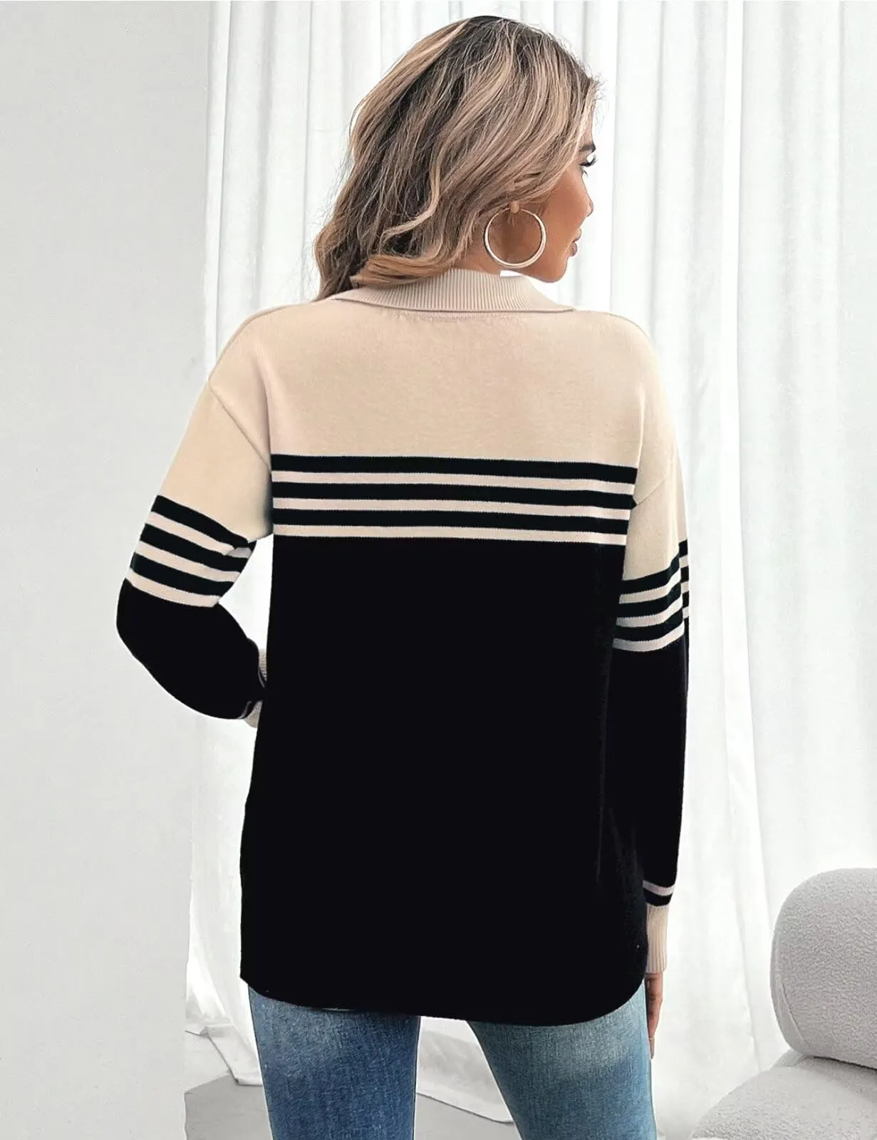 CiCiBird Women 2024 Trendy V Neck Sweater Color Block Polo Long Sleeve Shirt Fall Striped Pullover Sweaters Apricot Black