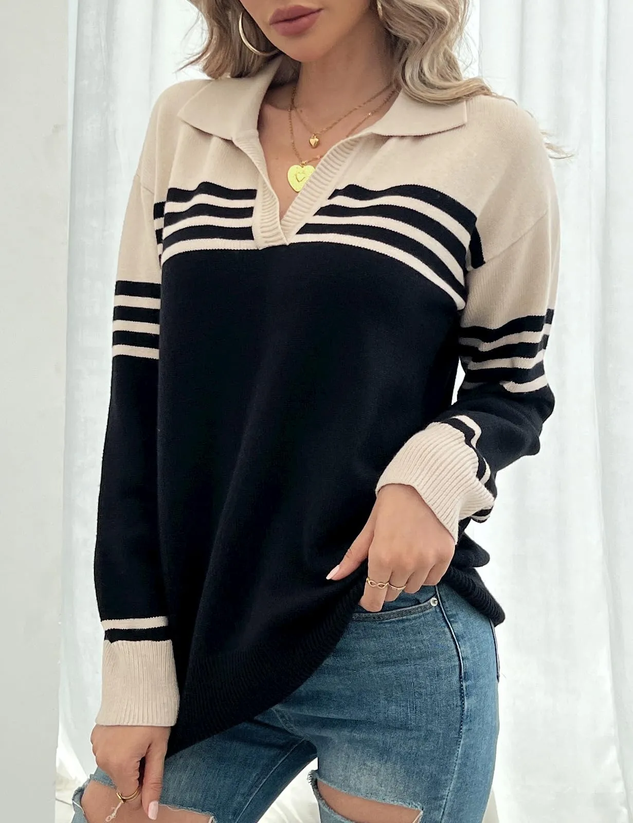 CiCiBird Women 2024 Trendy V Neck Sweater Color Block Polo Long Sleeve Shirt Fall Striped Pullover Sweaters Apricot Black
