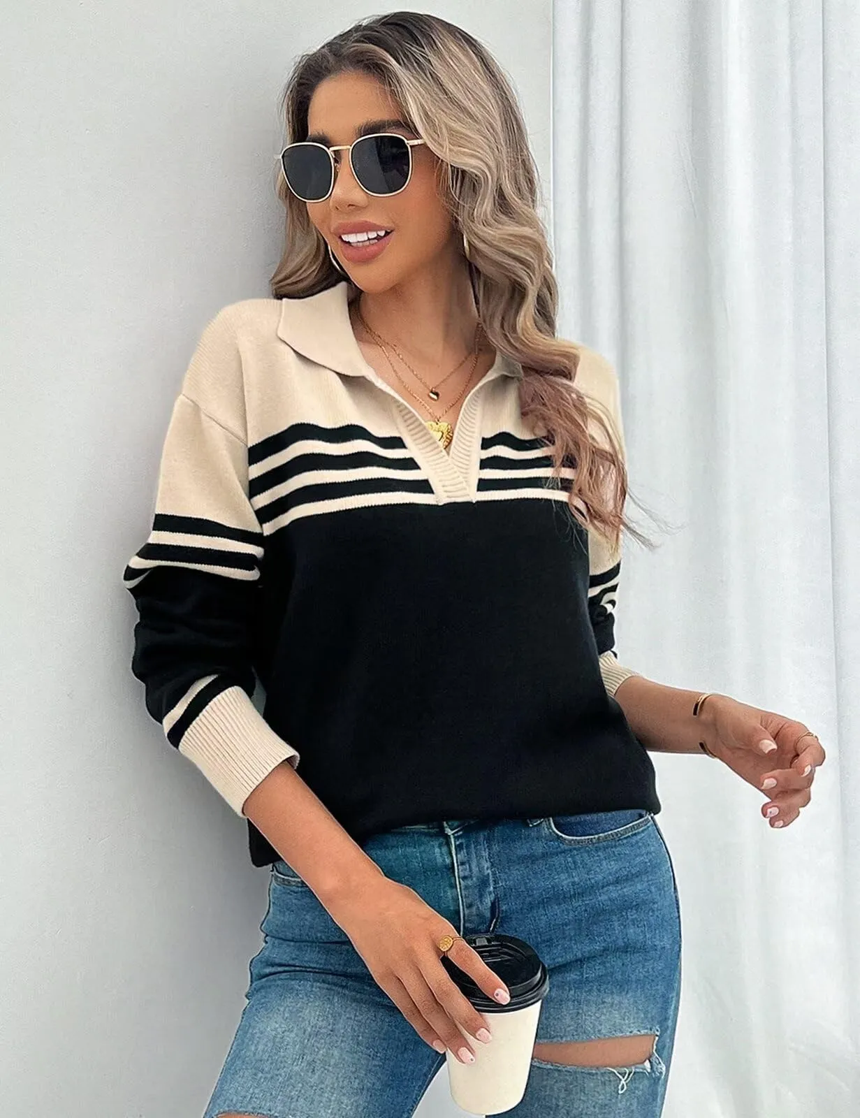 CiCiBird Women 2024 Trendy V Neck Sweater Color Block Polo Long Sleeve Shirt Fall Striped Pullover Sweaters Apricot Black