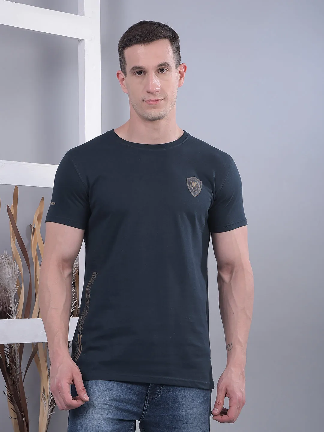 COBB NAVY BLUE PRINTED ROUND NECK T-SHIRT