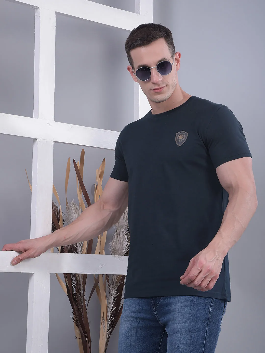 COBB NAVY BLUE PRINTED ROUND NECK T-SHIRT