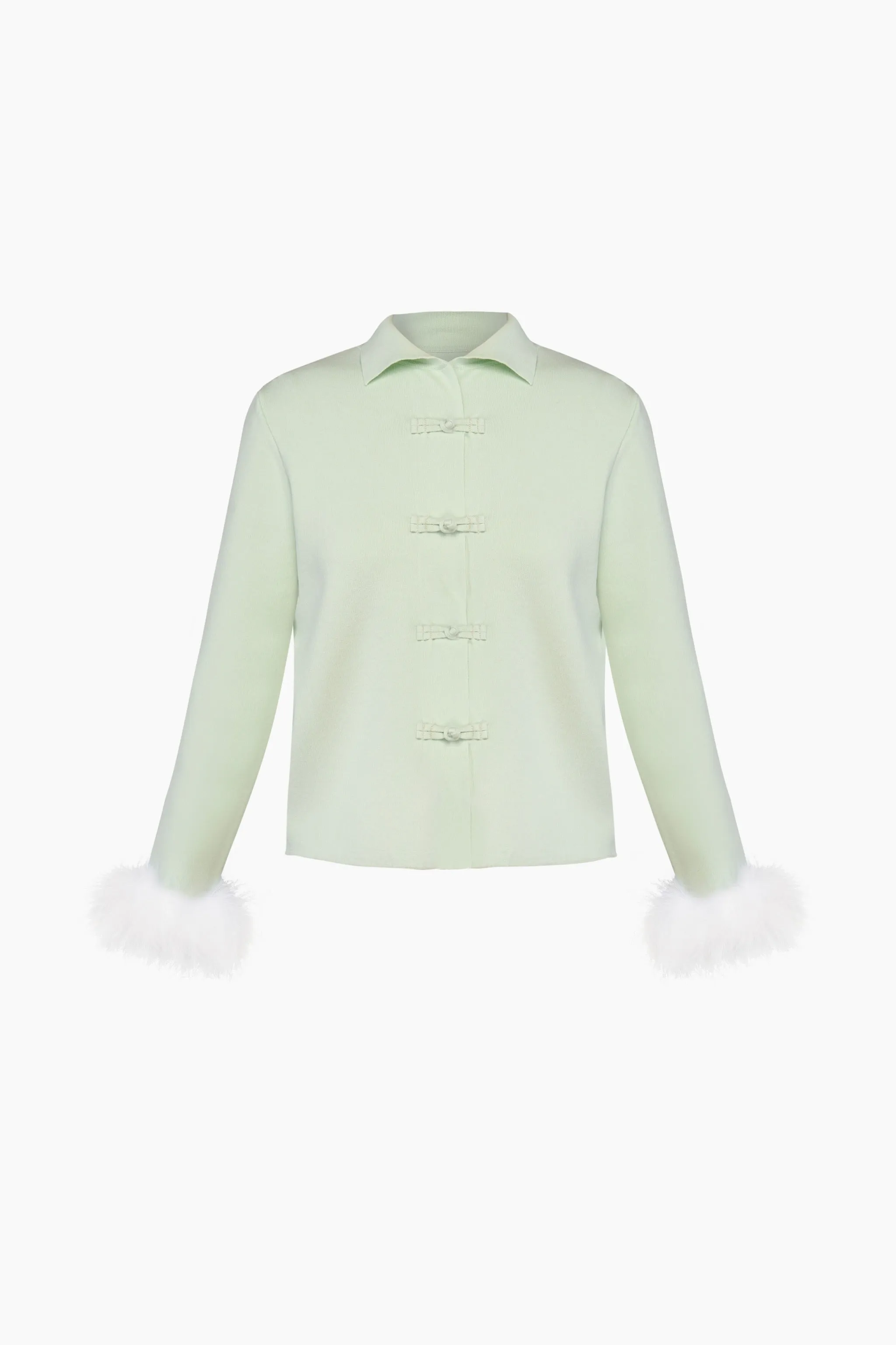 Crane Knitted Cardigan with Detachable Feathers in Mint