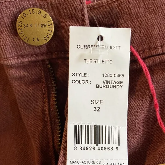 Current/Elliott NWT Plus Size 32 The Stiletto Vintage Burgundy Ankle Jeans: 3127