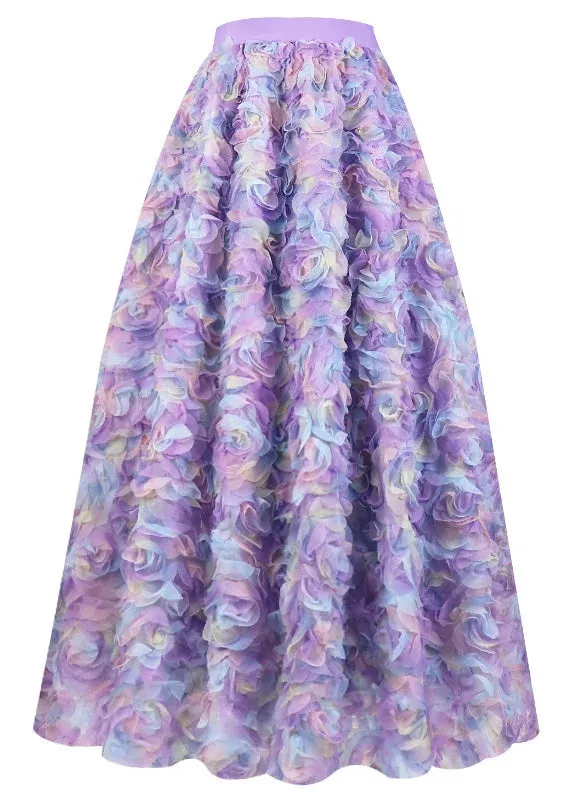 Cute Yellow Embroidered Floral Elastic Waist Tulle Maxi Skirt