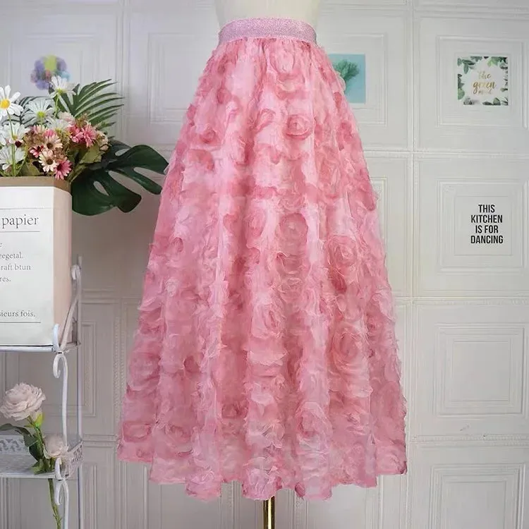 Cute Yellow Embroidered Floral Elastic Waist Tulle Maxi Skirt