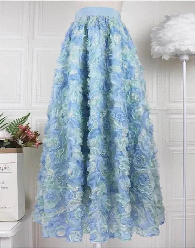 Cute Yellow Embroidered Floral Elastic Waist Tulle Maxi Skirt