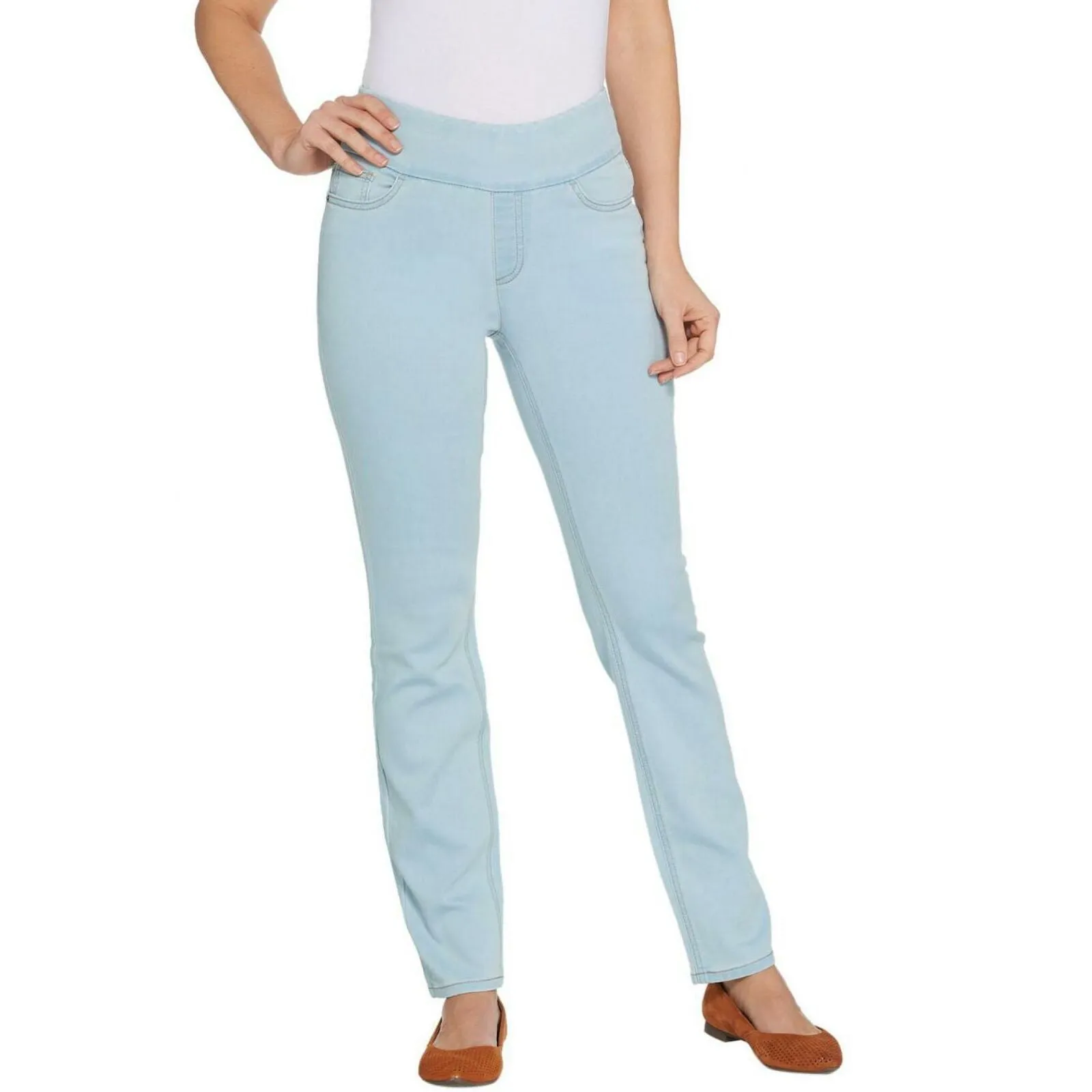 Denim & Co. Soft Stretch Smooth Waist Jeans Bleach Wash 8 Petite