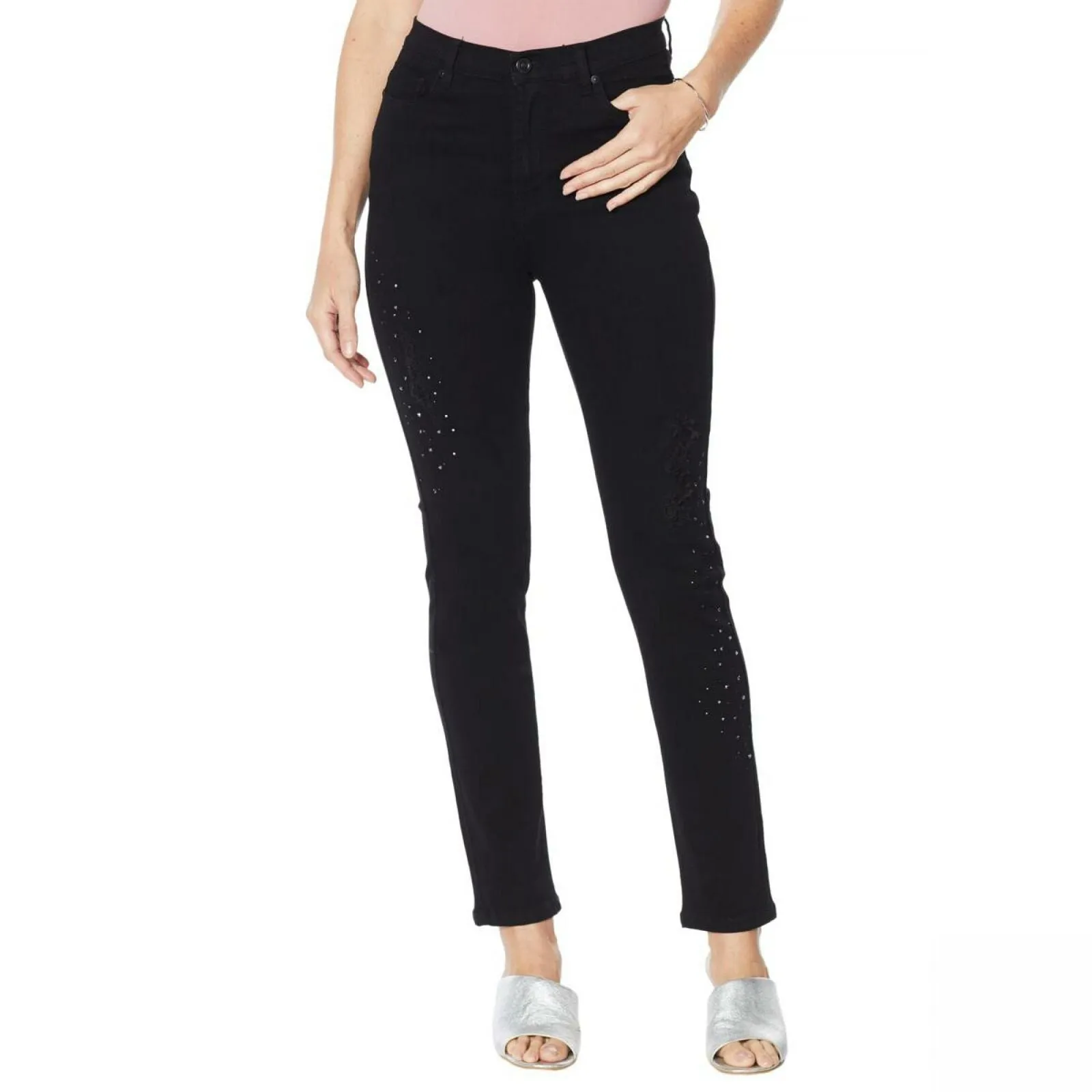 DG2 by Diane Gilman Embellished Distressed Anniversary Jeans 8 Tall Black