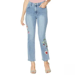 DG2 by Diane Gilman Women's Classic Stretch Embroidered Straight Leg Jeans