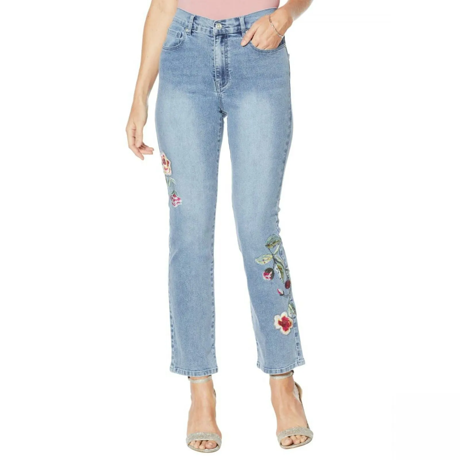 DG2 by Diane Gilman Women's Classic Stretch Embroidered Straight Leg Jeans