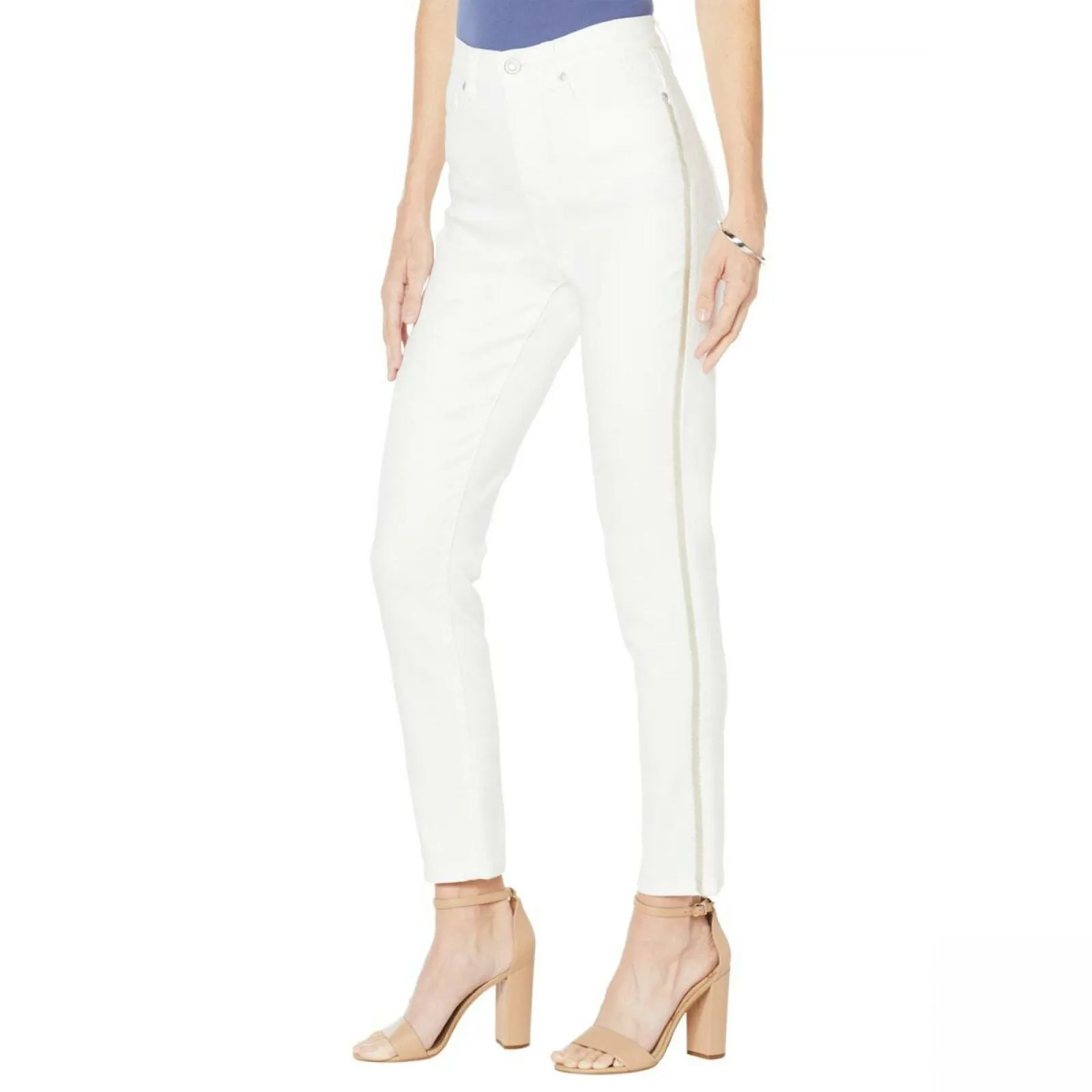 DG2 by Diane Gilman Women's Virtual Stretch Beaded Side Stripe Jeans White 10