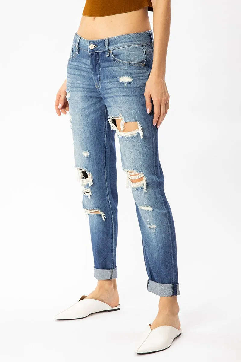 Distressed Mid Rise Boyfriend Jean
