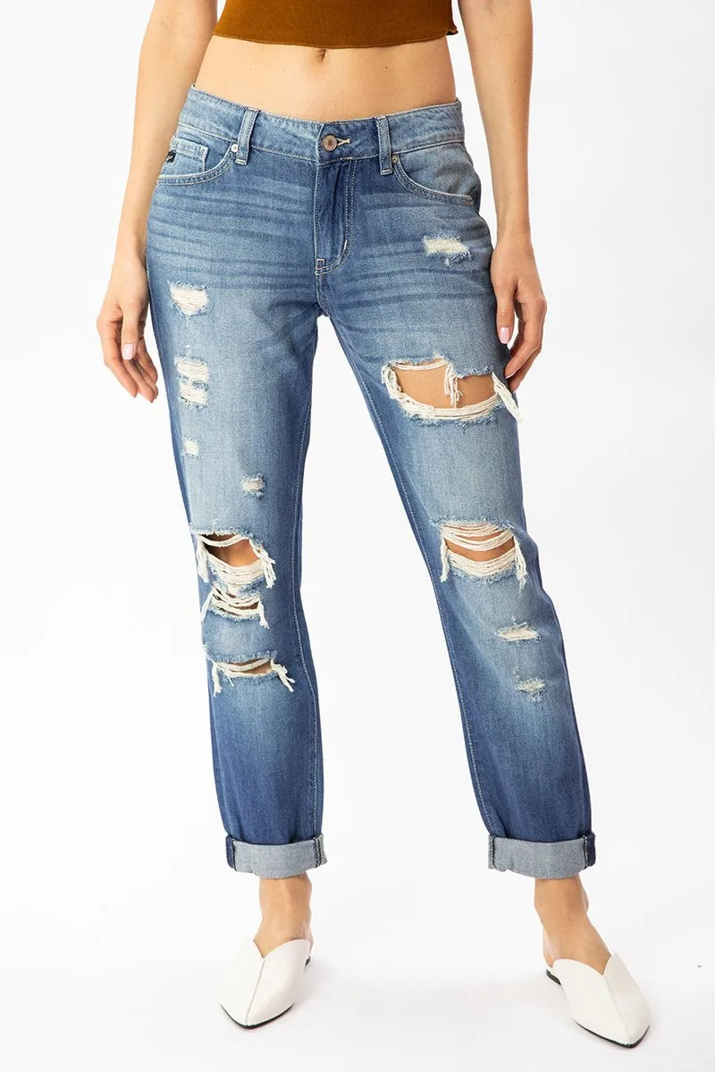 Distressed Mid Rise Boyfriend Jean
