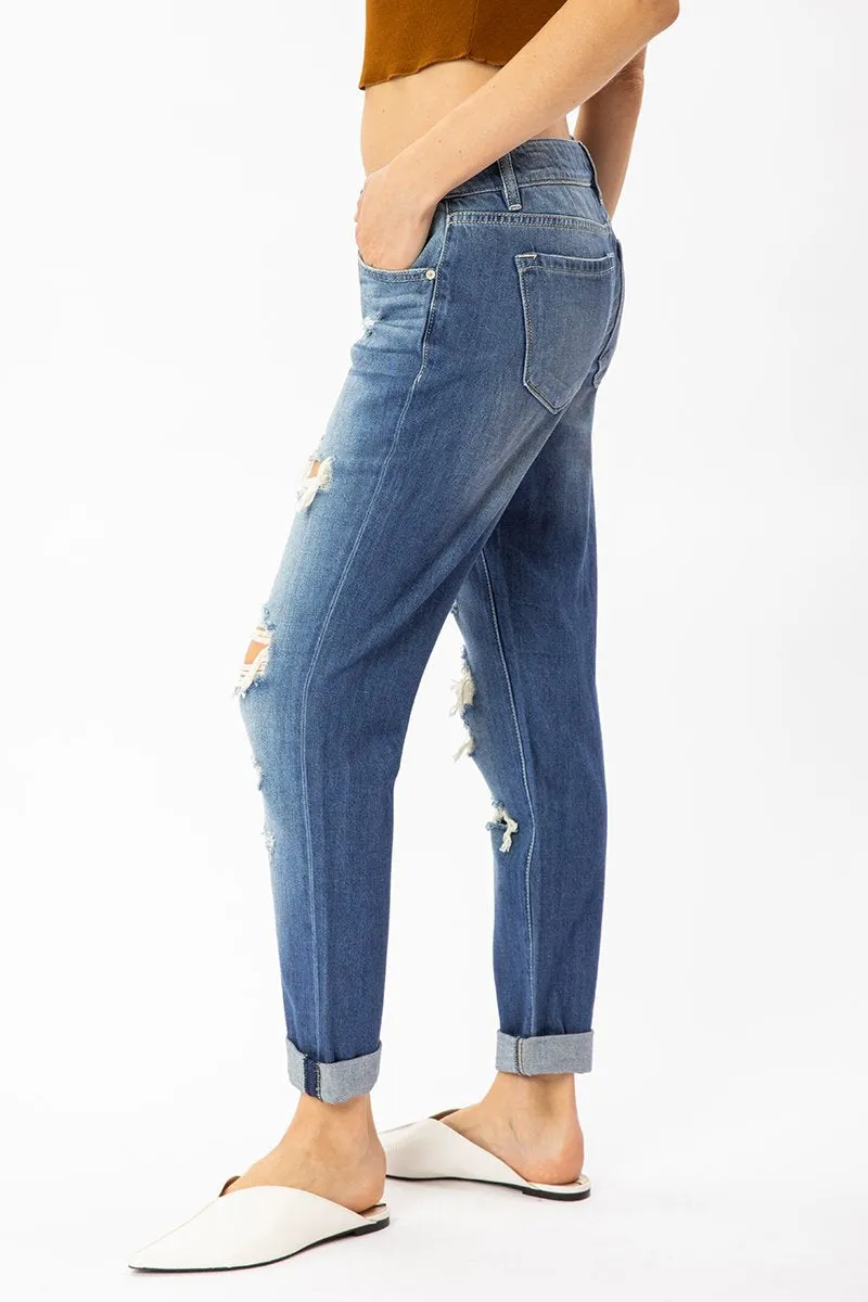 Distressed Mid Rise Boyfriend Jean